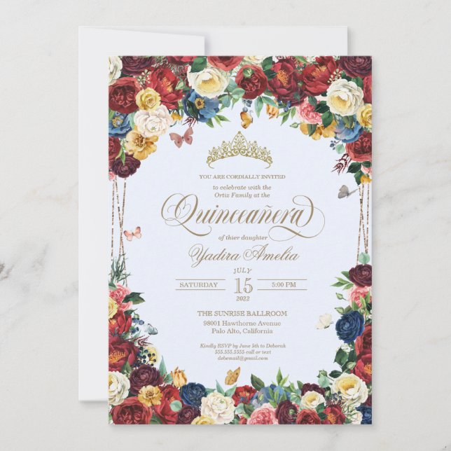 Butterfly Floral Watercolor Blue Quinceañera Invitation (Front)