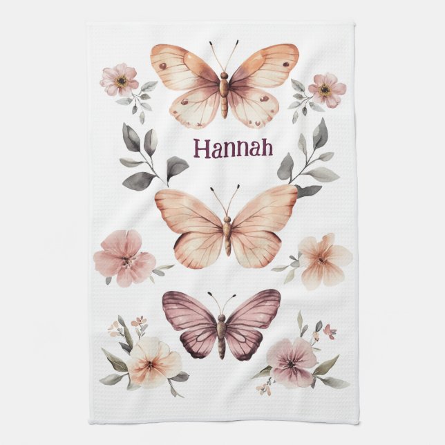 Butterfly Floral Watercolor Elegant CUSTOM NAME Tea Towel (Vertical)