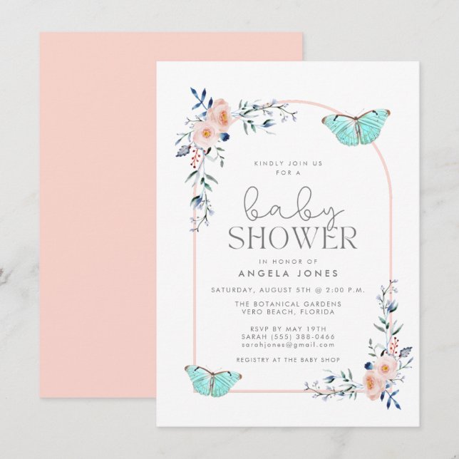 Butterfly Floral Whimsical Girl Baby Shower  Invitation (Front/Back)