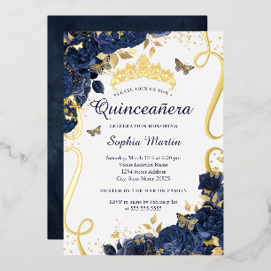 Butterfly Flower Elegant Navy Gold Quinceanera