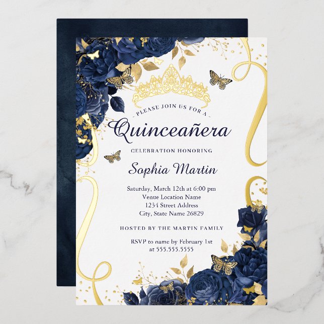 Butterfly Flower Elegant Navy Gold Quinceanera (Front/Back)