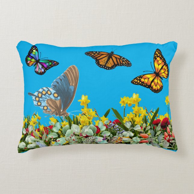 Butterfly Flower Garden With Tulips and Daisies Decorative Cushion (Front)