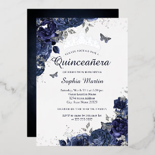 Butterfly Flower Navy Silver Quinceanera
