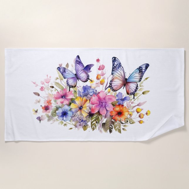 Butterfly flower pattern beach towel (Front)