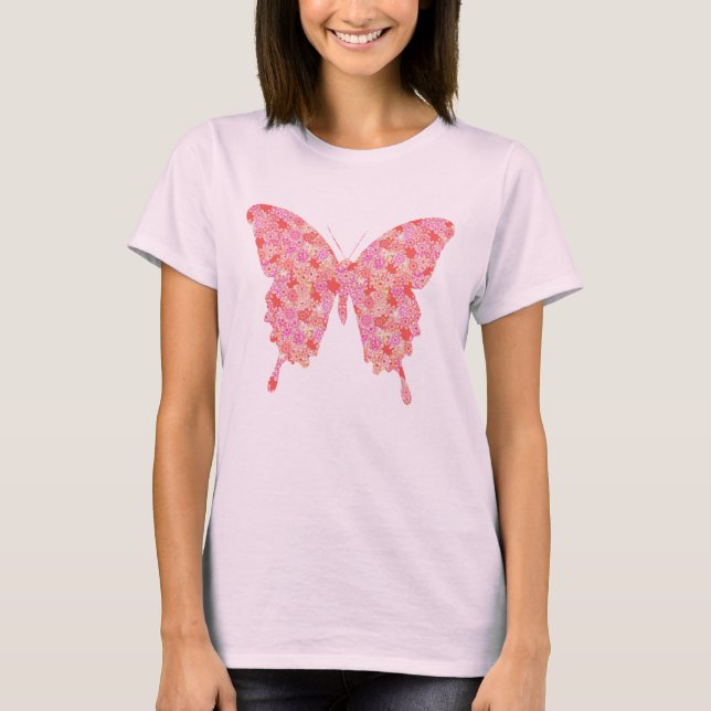 Butterfly, flower pattern in pink and orange T-Shirt (Front)