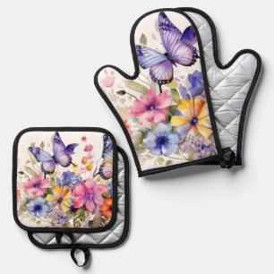 Butterfly flower pattern oven mitt & pot holder set
