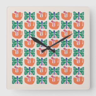 Butterfly Flower Pattern Square Wall Clock