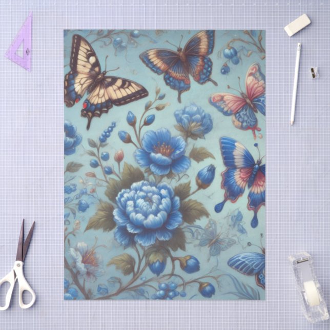 Butterfly Flowers Butterflies Blue Decoupage Tissue Paper (Craft)