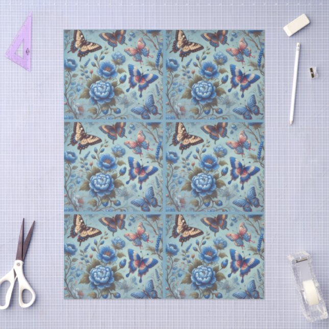 Butterfly Flowers Butterflies Blue Decoupage Tissue Paper (Craft)