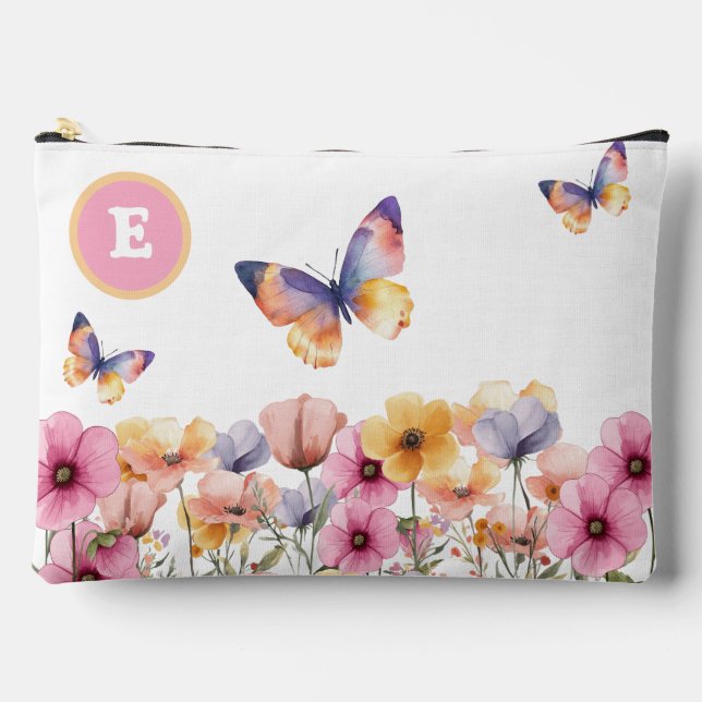 Butterfly Flowers in a Spring Garden Monogram  Accessory Pouch (Front)