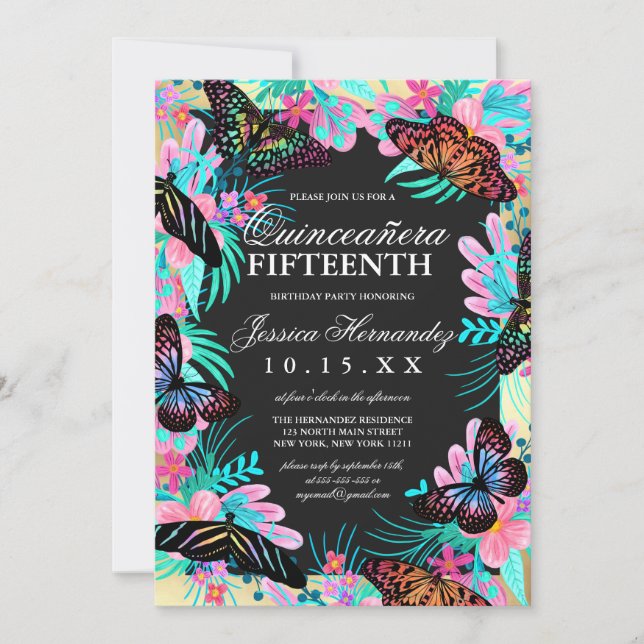 Butterfly Flowers Leaves Watercolor Quinceañera Invitation (Front)