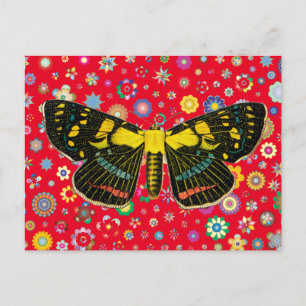 butterfly flowers nature wildlife art red backing postcard