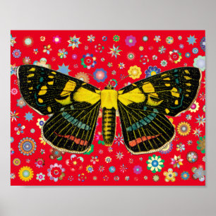 butterfly flowers nature wildlife art red backing poster