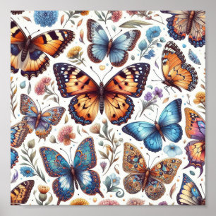 butterfly flowers pattern nature art poster