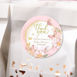 Butterfly & Flowers Pink Glitter Girl Baby Shower Classic Round Sticker