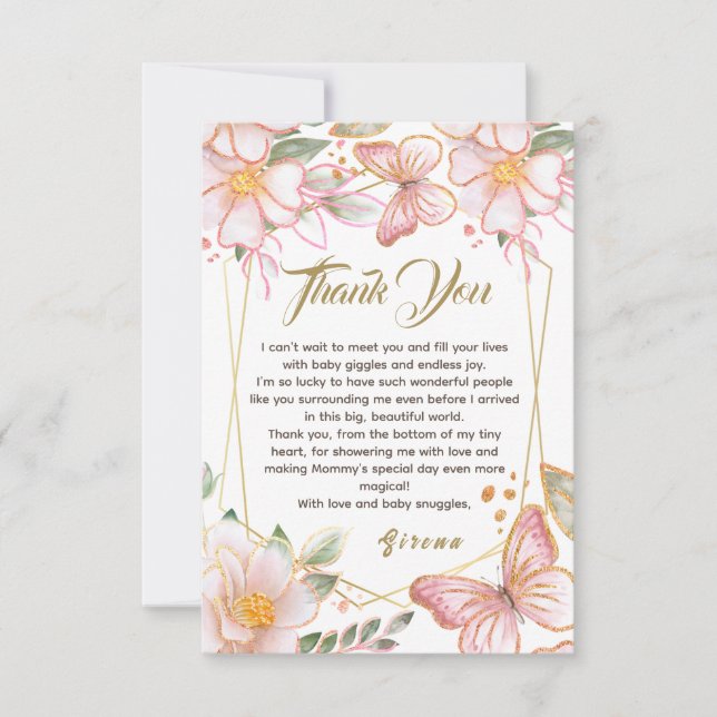 Butterfly & Flowers Pink Lovely Thank You Card (Front)
