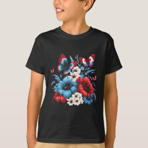 Butterfly Flowers - Red White And Blue 4th Of July T-Shirt