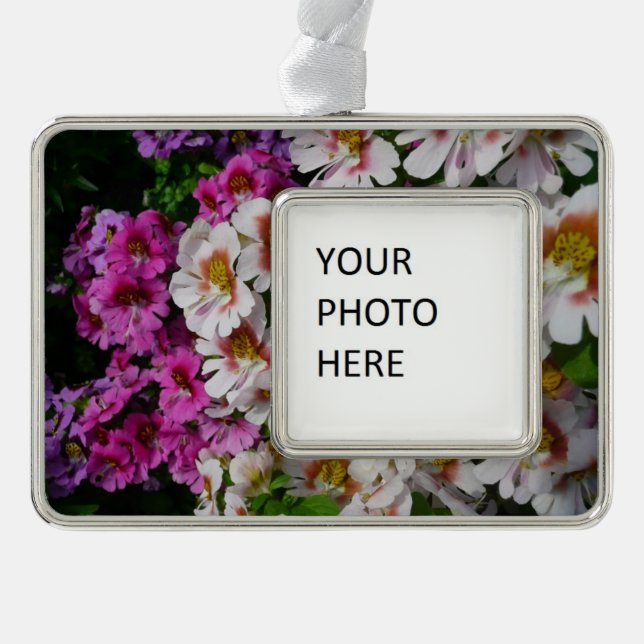 Butterfly Flowers White Pink and Purple Silver Plated Framed Ornament (Front)