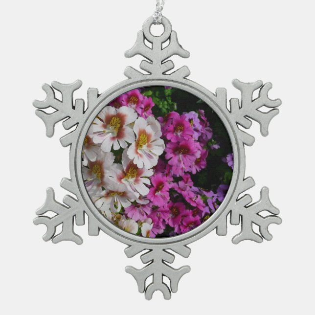 Butterfly Flowers White Pink and Purple Snowflake Pewter Christmas Ornament (Front)