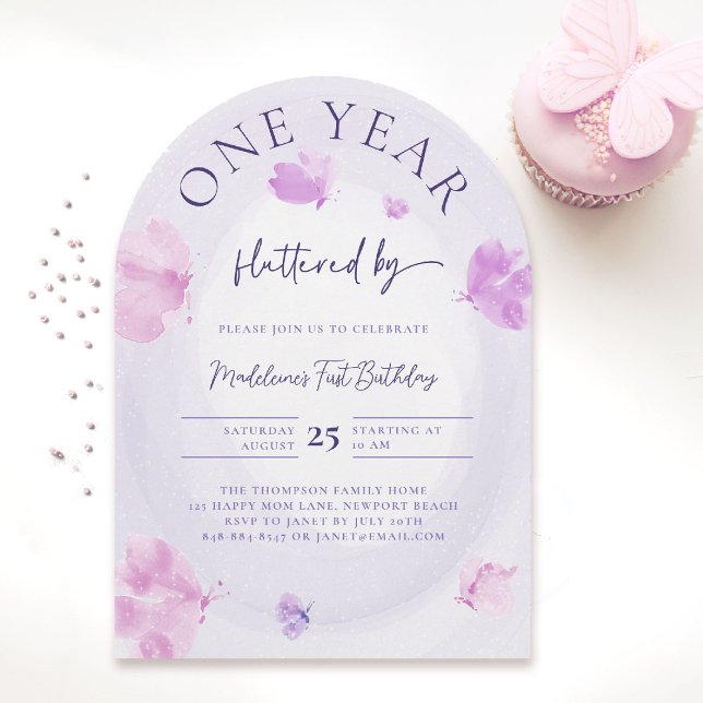 Butterfly Fluttered Purple Pink Arch 1st Birthday Invitation (butterfly themed 1st birthday invitation girls pink red purple watercolor one year boho arch)