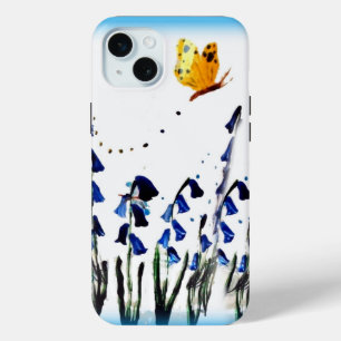 Butterfly flying above Bluebells Floral Art iPhone 15 Mini Case