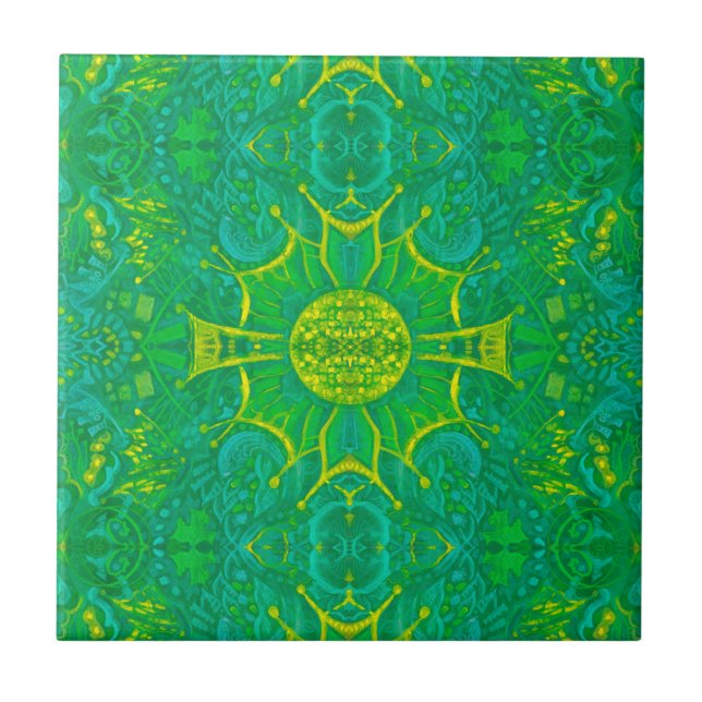 Butterfly Forest Bohemian Arabesque Pattern Green Tile (Front)