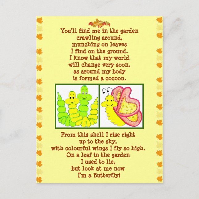 Butterfly form catterpillar poem post card (Front)