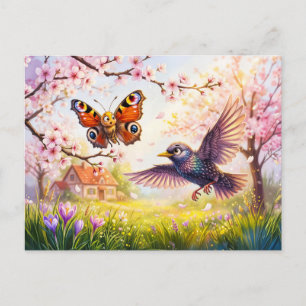 Butterfly Frightened by Bird in Cherry Blossom Postcard