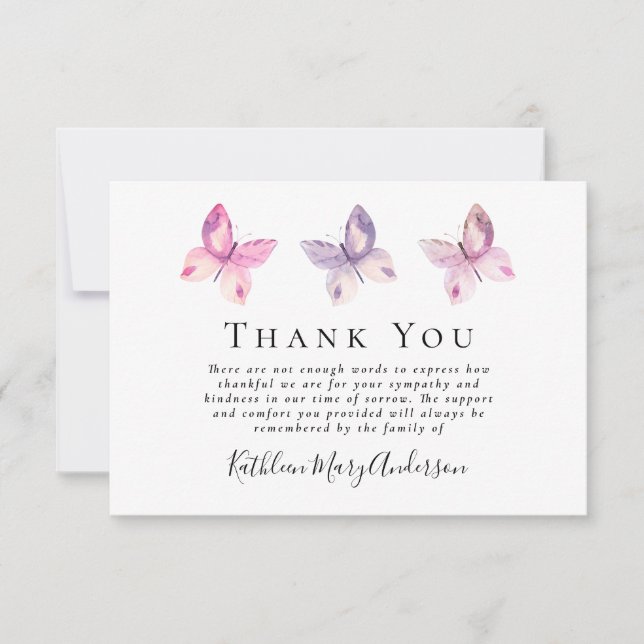 Butterfly Funeral Sympathy  Thank You Card (Front)