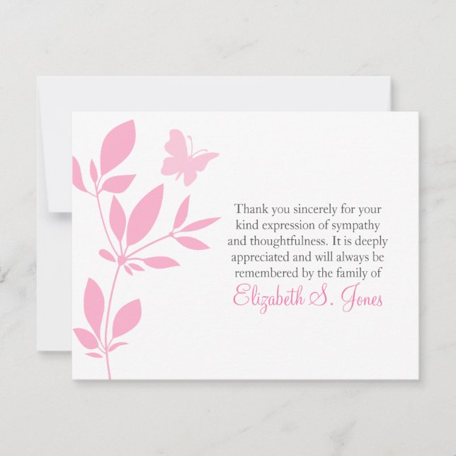 Butterfly Funeral Thank You Note Card Pink (Front)
