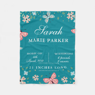 Butterfly Garden Baby Birth Stats Fleece Blanket