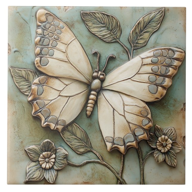 Butterfly Garden Botanical Faux Relief  Tile (Front)