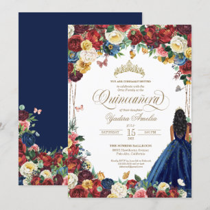 Butterfly Garden Burgundy Blue Floral Quinceanera  Invitation