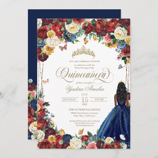 Butterfly Garden Burgundy Blue Floral Quinceanera  Invitation (Front/Back)