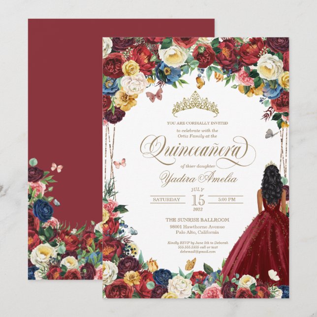 Butterfly Garden Burgundy Flowers Quinceanera Gown Invitation (Front/Back)