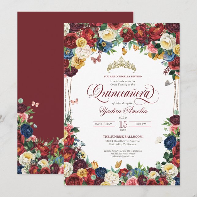 Butterfly Garden Burgundy Royal Floral Quinceanera Invitation (Front/Back)