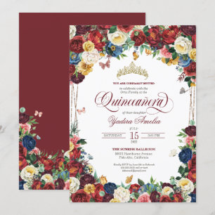 Butterfly Garden Burgundy Royal Floral Quinceanera Invitation