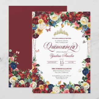 Butterfly Garden Burgundy Royal Floral Quinceanera Invitation