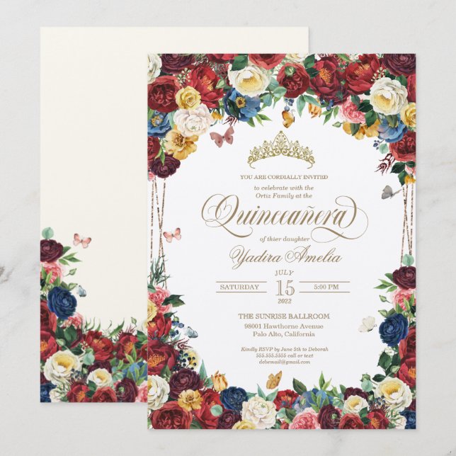 Butterfly Garden Colourful Floral Quinceanera Invitation (Front/Back)