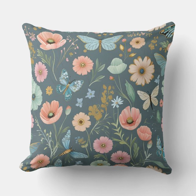 Butterfly Garden Explosion | Whimsical Pastel Flor Cushion (Front)
