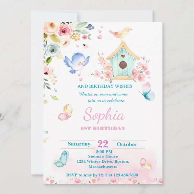 butterfly garden first birthday invitation (Front)