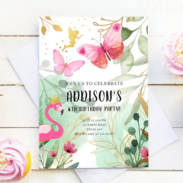 Butterfly Garden Flamingo Fairy Flowers Birthday Invitation (Creator Uploaded)