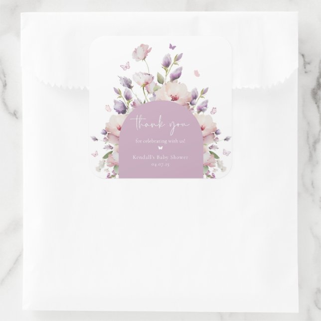 Butterfly Garden Floral Baby Shower Thank You Square Sticker (Bag)