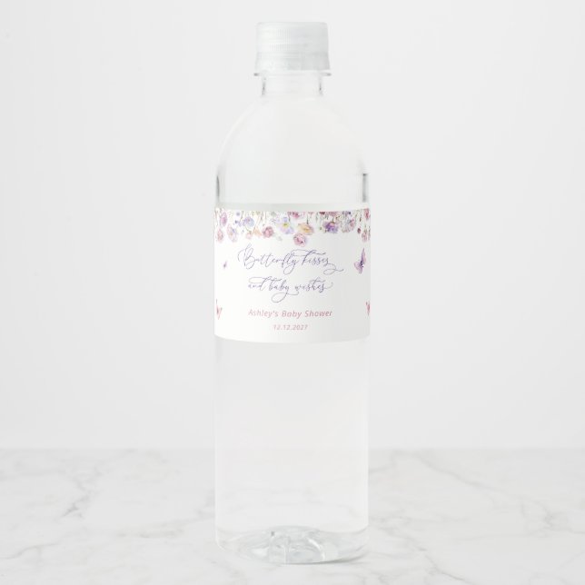 Butterfly Garden Floral Baby Shower Water Bottle Label (Front)