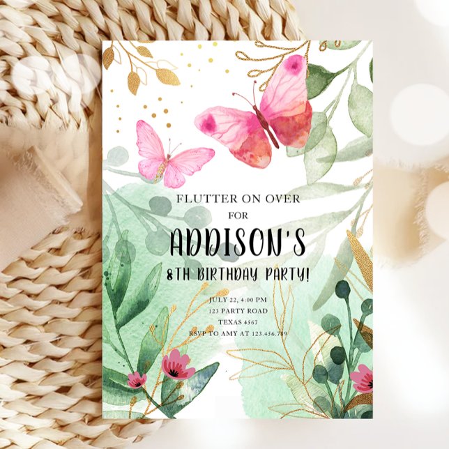 Butterfly Garden Floral Flowers Pink Gold Birthday Invitation (Creator Uploaded)
