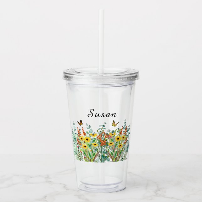 Butterfly Garden Flowers Personalised  Acrylic Tumbler (Front)