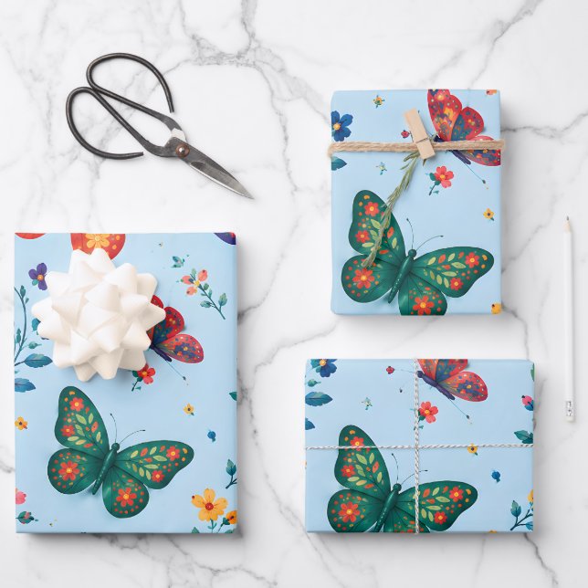 Butterfly Garden Gift Wrap – Colourful Floral Butt (Front)