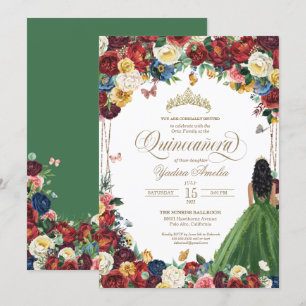 Butterfly Garden Green Gown Royal Red Quinceanera Invitation