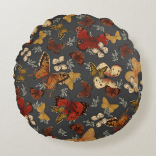 Butterfly Garden Grey Background Pattern Round Cushion
