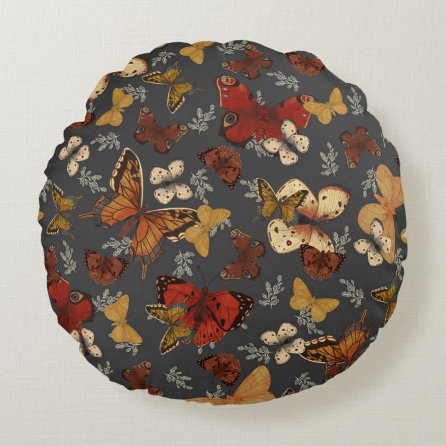Butterfly Garden Grey Background Pattern  Round Cushion (Front)